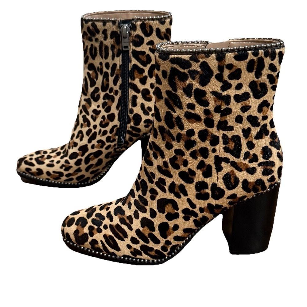 Coach Drea Beadchain Heeled Leopard Printed Calf Hair Bootie Womens 6 Boot Brown
